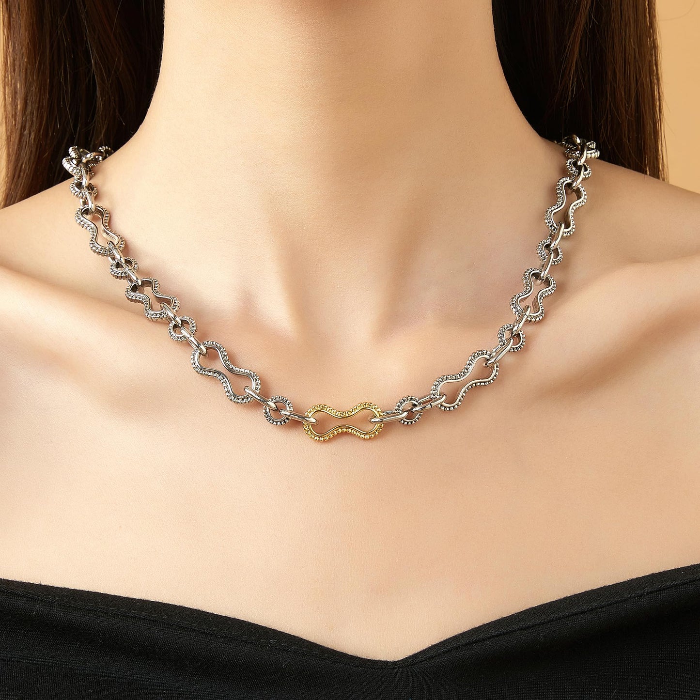 Mytys Women's Link Necklace 18k Gold Plated Double Twist Wire Gold and Silver 2 Tone Chain Necklaces Christmas New Year Jewelry (Gold & Silver 3)