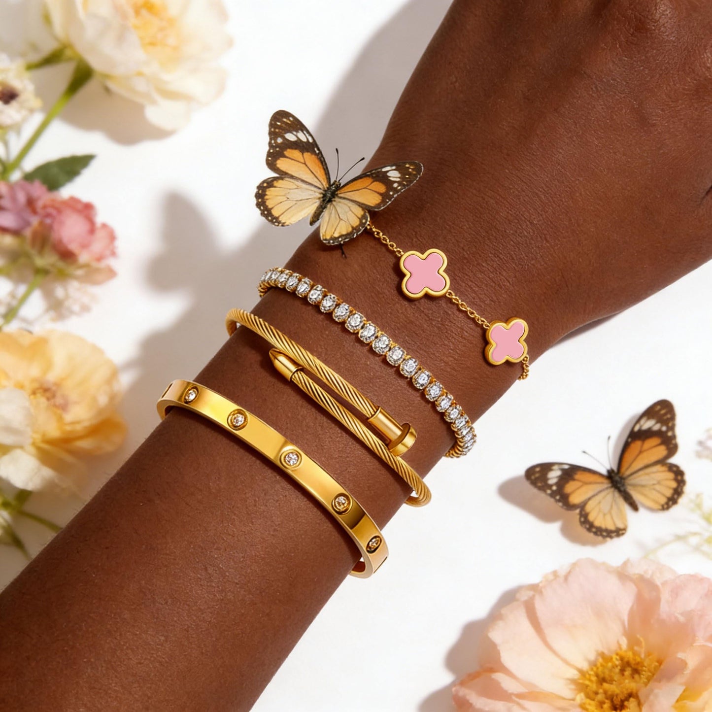 Gold Bracelets for Women, 18K Gold Plated Women Tennis Bracelets Clover Nail Love Bangle Bracelet Set, Gold Bracelet Stackable Set Trendy Jewelry, Gifts for Women's Day and Mother's Day (08-Color-4 Pink)