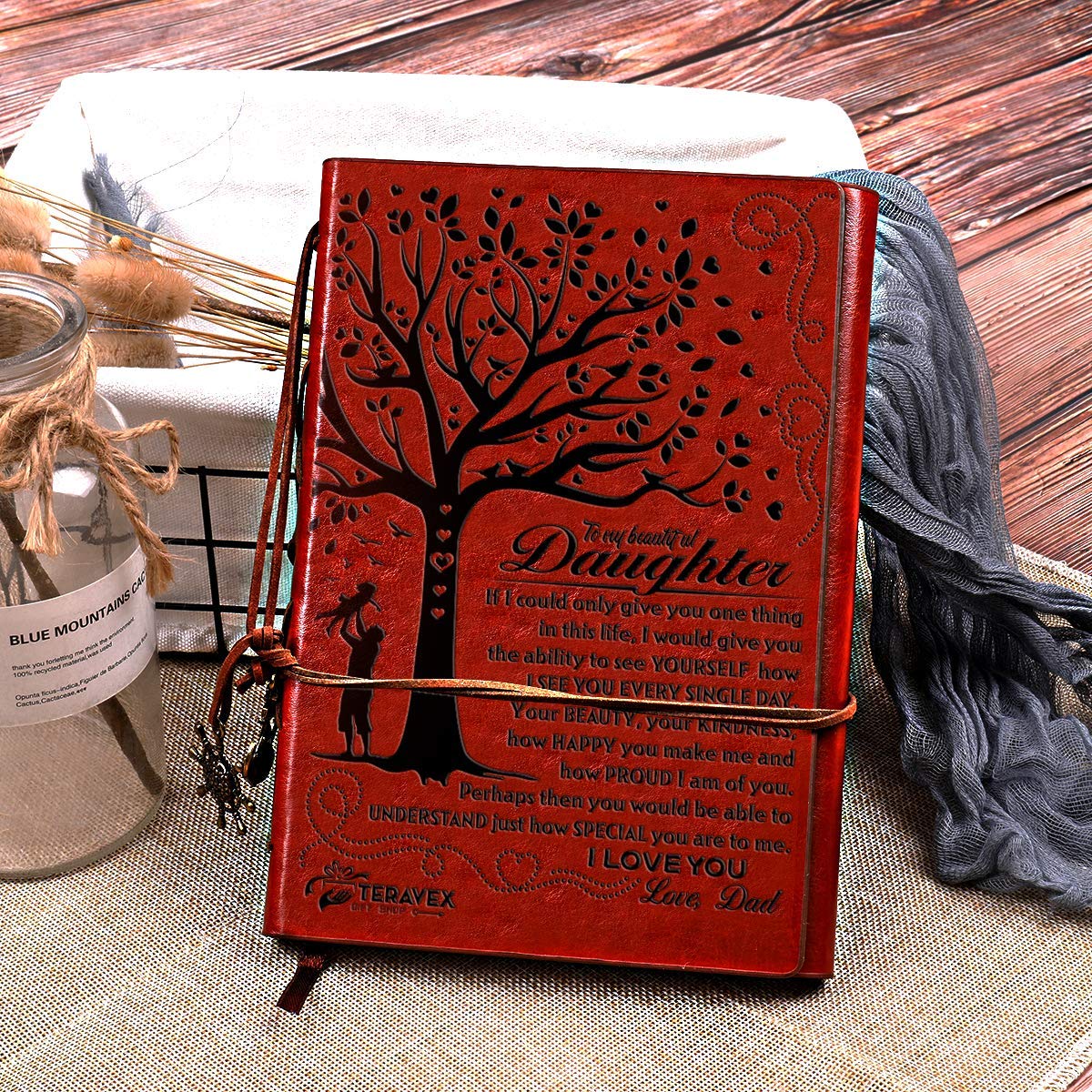 Dad To Daughter Gifts with Inspirational Quotes - Retro Tree of Life Faux Leather Cover Writing Journal, Personal Diary, Lined Journal, Travel, Notebook, Writers Notebook, Refillable for Teen Girls