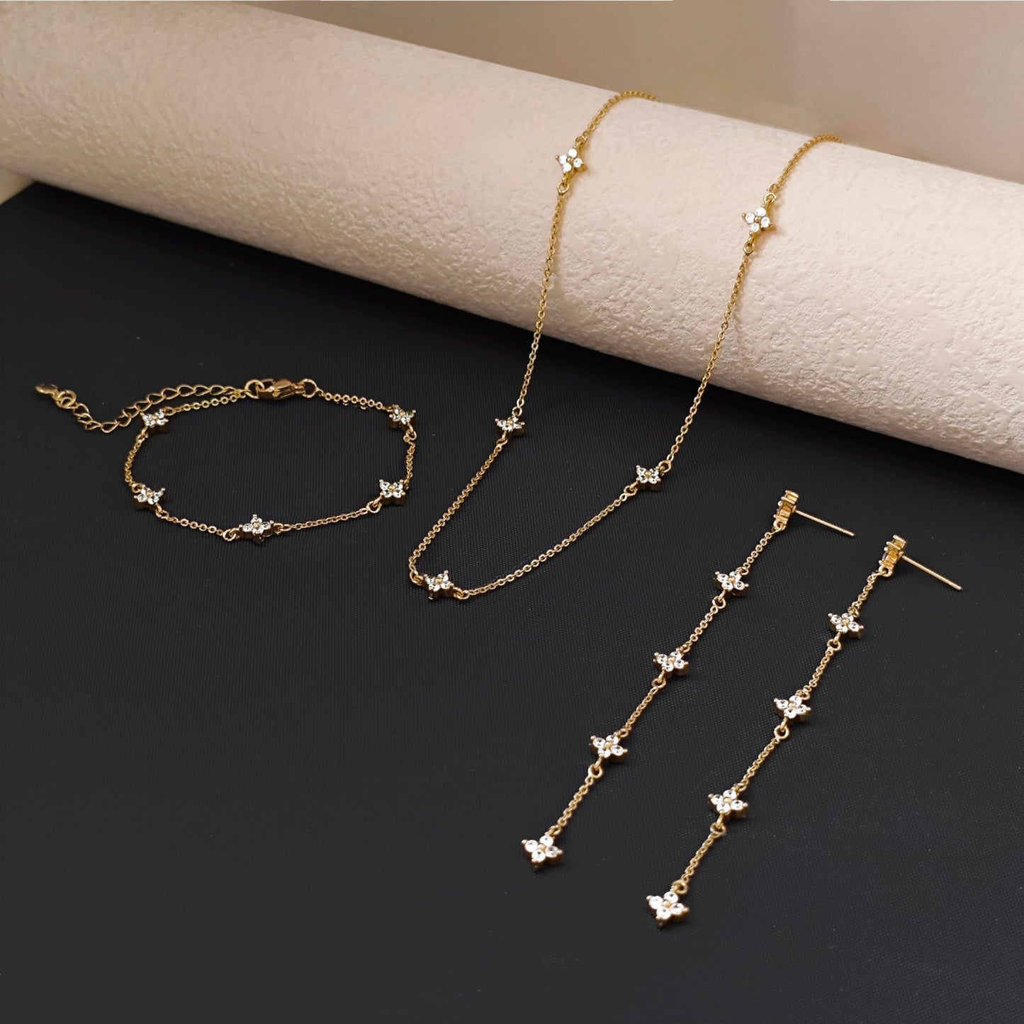 LULII Gold Jewelry Set for Women Dainty 14K Gold Plated Diamond CZ Chain Leaf Necklace and Earring Set with Drop Earrings Bracelets Gold Necklace Wedding Jewelry Gift