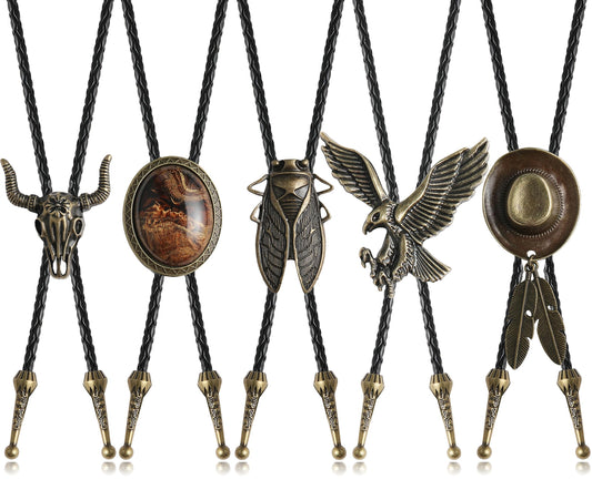 Wrlcorly 5Pcs Bolo Tie for Men Western Cowboy Leather Necktie Handmade Tiger Eye Cicada Turquoise Cow Skull Flower Eagle Halloween Costume Accessories