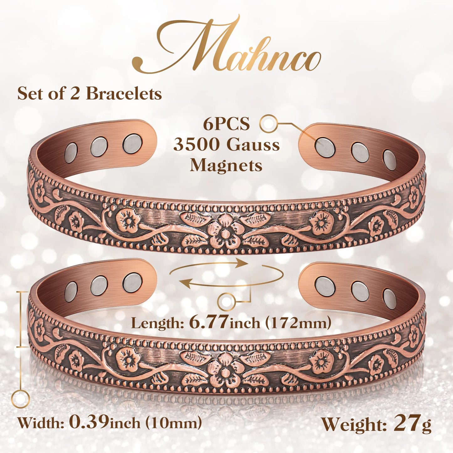 Magnetic Lymph Detox Bracelet: Copper Bracelet for Women Men, 100% Pure Copper Bracelet with 6 Magnets 3500 Gauss - Jewelry Gifts (2PCS)