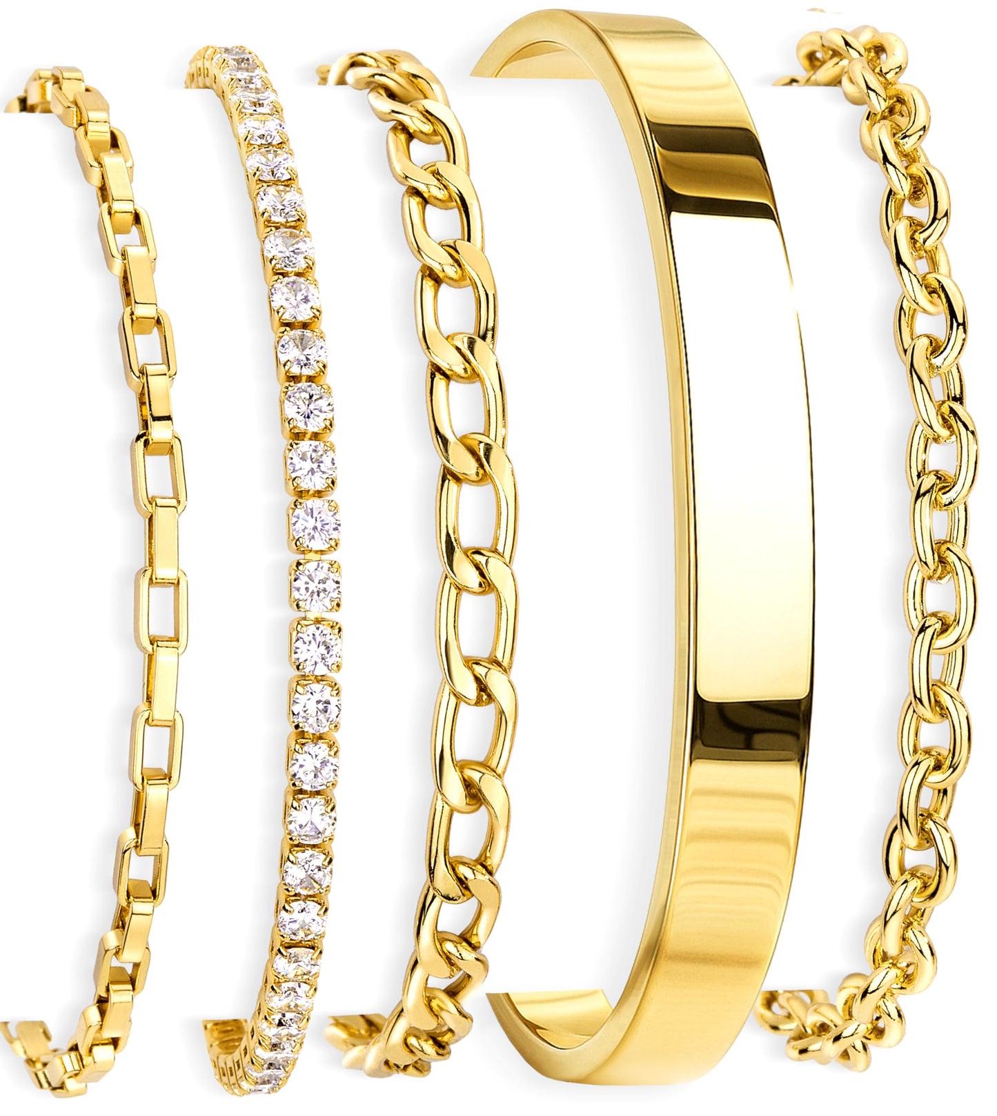 5PCS Gold Bracelet for Women Trendy, 14K Gold Plated Tennis Chain & Cuff Bracelets Set Dainty Cute Gold Stackable Bracelets Non Tarnish Gold Jewelry Set Gift