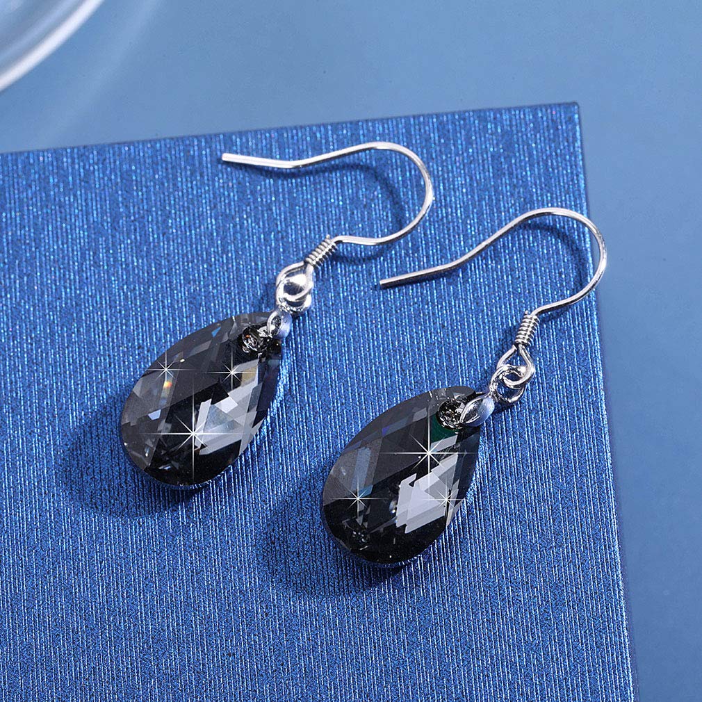 Austrian Crystal Teardrop Dangle Earrings for Women Drop Hook Earring 925 Sterling Silver Hypoallergenic Jewelry (Grey-Black)