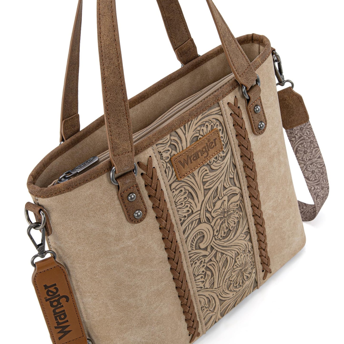 Montana West Wrangler Tote Bag for Women Western Purse Embossed Handbags Medium Satchel Retro Top Handle Shoulder Bag, Beige Purse, WG205-81134BG