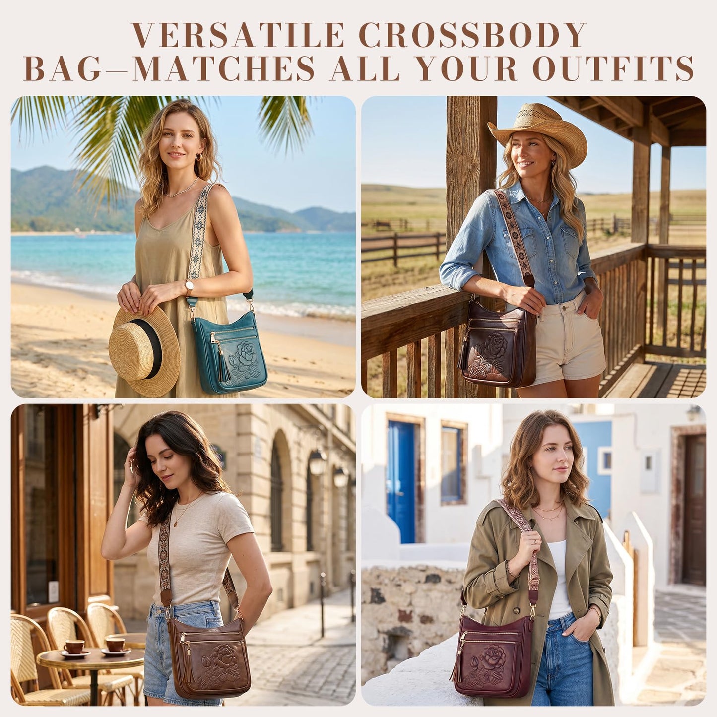 FORUWISH Crossbody Bags for Women, Vegan Leather Brown Crossbody Purse, Multiple Pocket Everyday Travel Shoulder Bag with Boho Strap