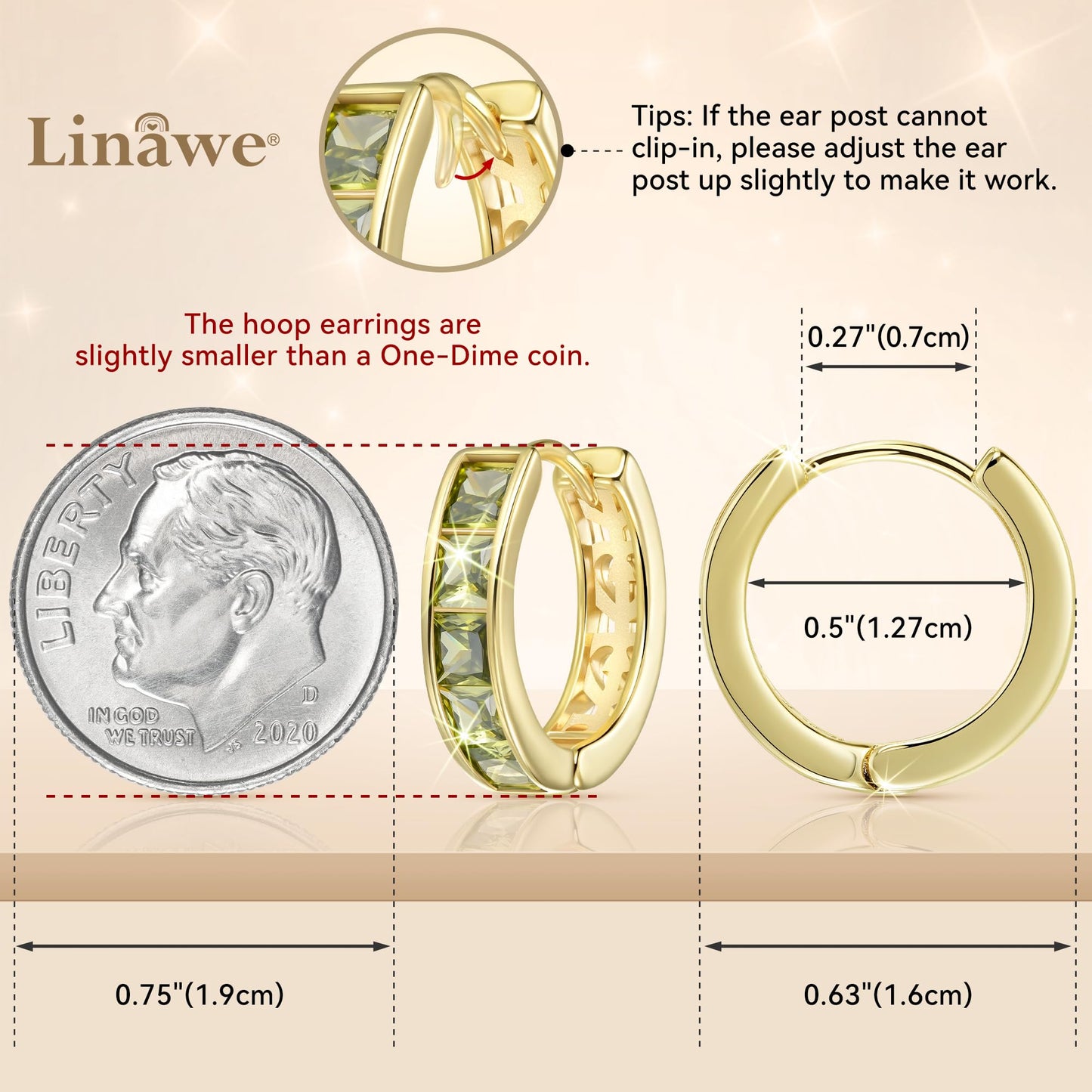 Linawe Peridot Green Hoop Earrings for Women, Gold Stud Huggie Earrings, Cubic Zirconia Imitation Diamond Rhinestone Crystal Hoops, Cartilage Tragus Dainty Cute Piercing Jewelry