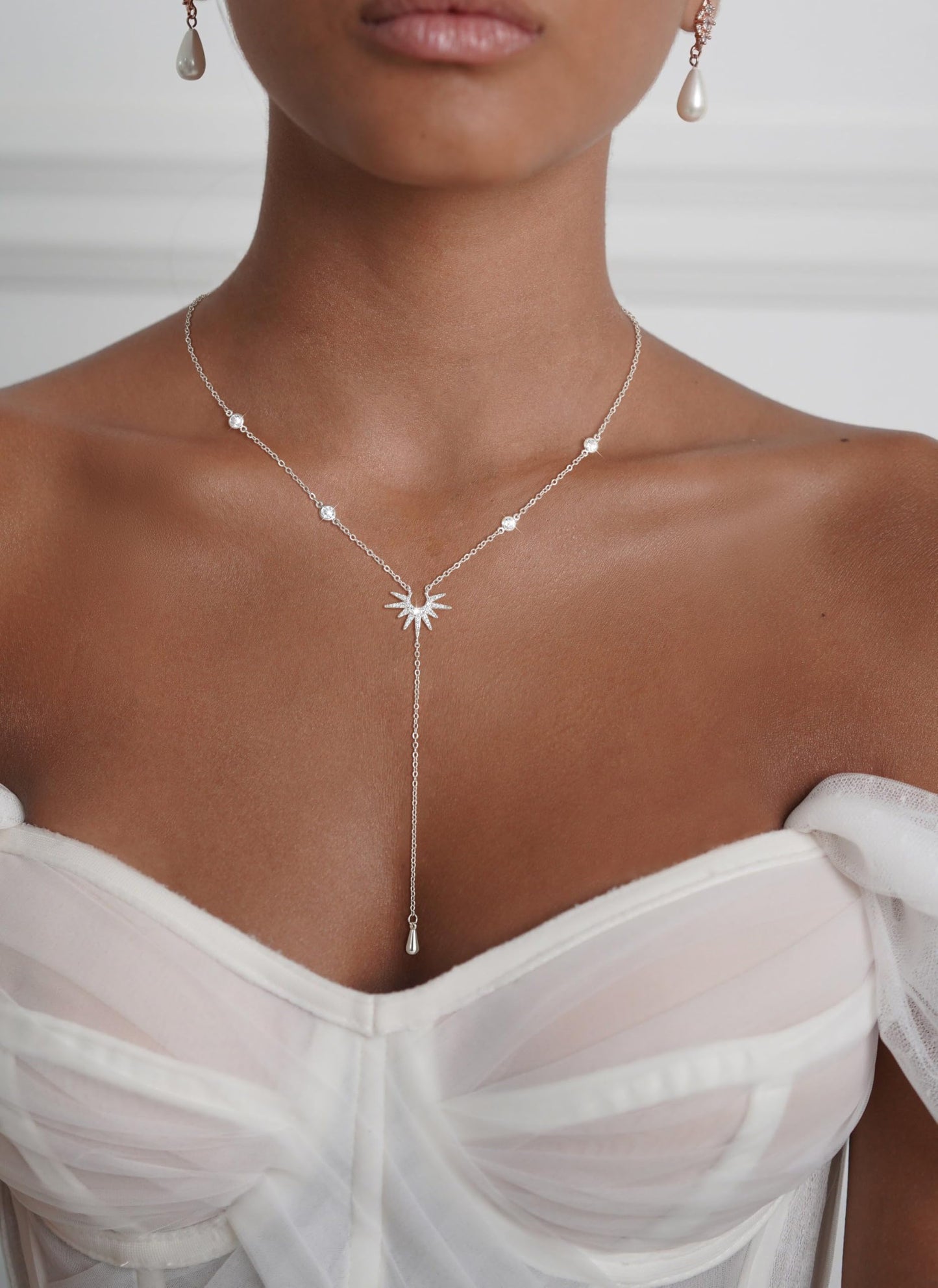CHESKY Sliver Plated Long Necklaces for Women Trendy, Dainty Lariat Necklace Statement Prom Necklace Simple Pendant Y-Shaped Necklace CZ Fashion Jewelry