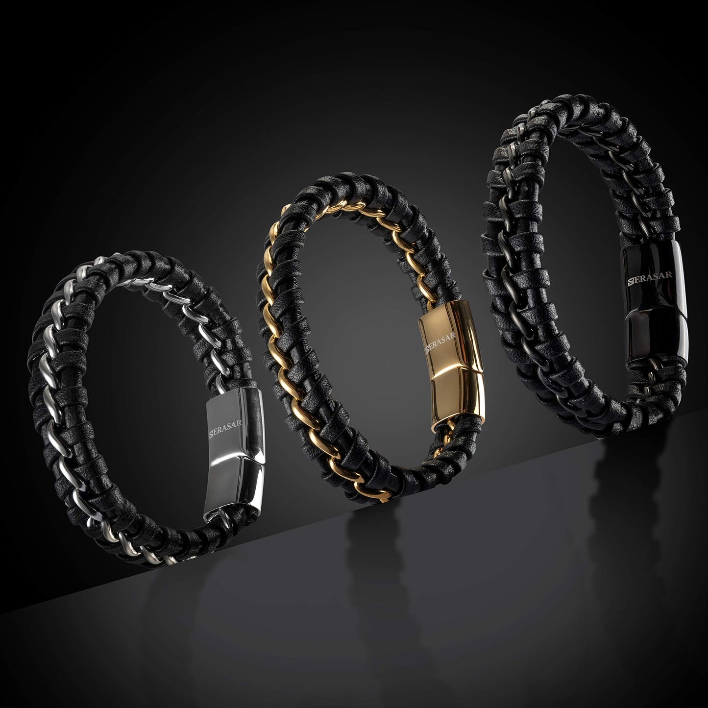 SERASAR 8″ Black Leather Bracelets for Men Mens Cowhide Gift Box Braided Bracelet Stainless Steel Jewelry Wrist Band Cuff Wrap Rope Bangle Dad Man Pulseras para Hombres Cuero Regalo