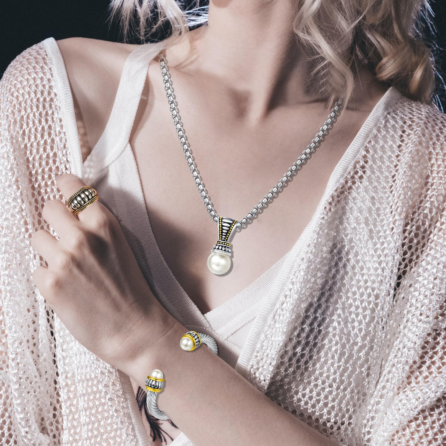 UNY JEWEL Jewelry Make a Statement Two Tone Twisted Cable Wire Caviar Gold Ball Cuff Bangle Makes a Stylish Christmas Gift(Two Tone Ball)