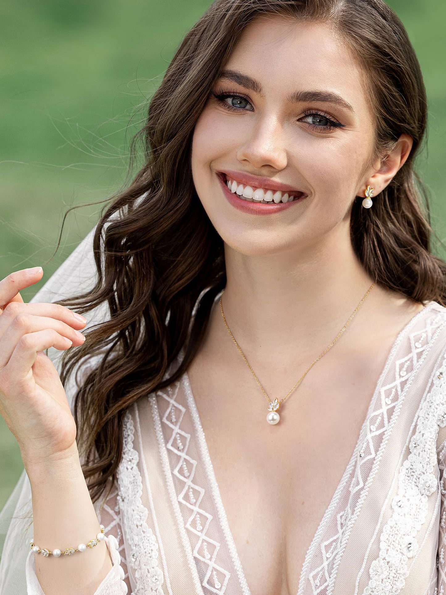 SWEETV Gold Bridal Jewelry Set for Wedding, Cubic Zirconia Pearl Floral Bridal Earrings Necklace Bracelet Set, Formal Prom Jewelry Set for Women