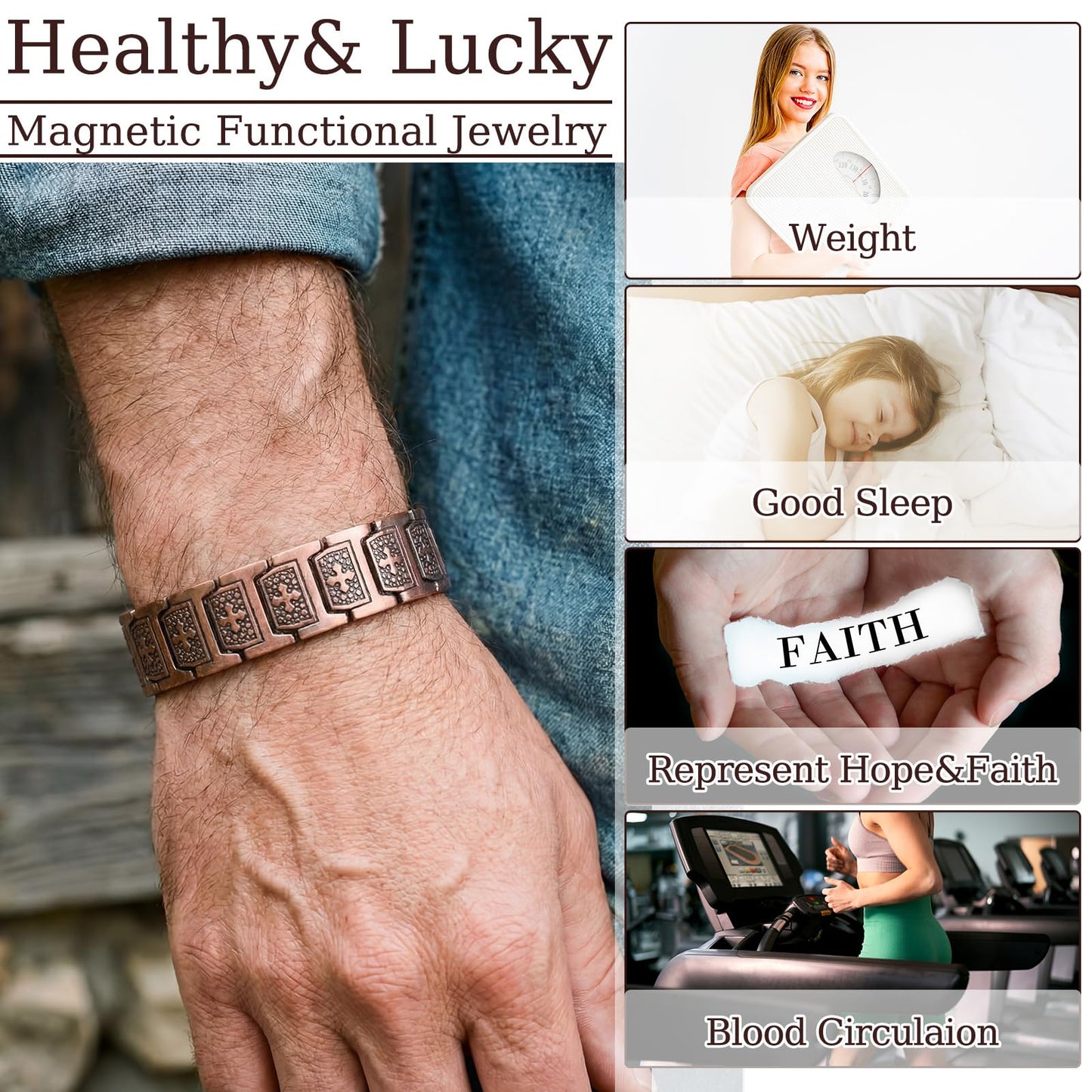 Misdary 3 Pcs Copper Magnetic Bracelets for Women Ultra Strength Magnetic Bracelet with Magnets Natural Stones Adjustable Jewelry Gift (Cross)