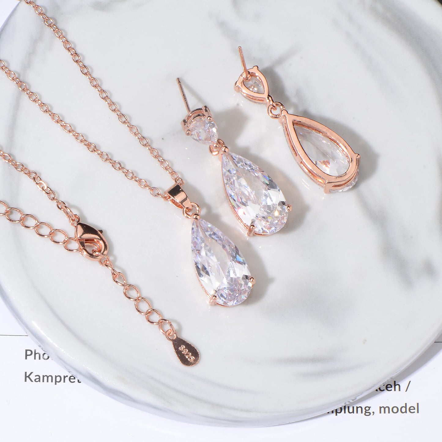Wedding Jewelry Set for Bridesmaids Sterling Silver Teardrop CZ Crystal Cubic Zirconia Rhinestone Diamond Bridal Necklace Earrings Set for Bride Mother of Bride Party Prom Birthstone Costume