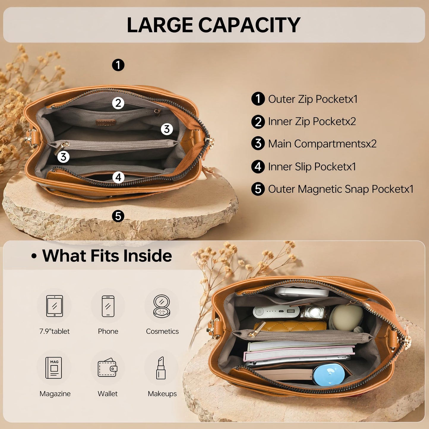 GEMIU Leather Crossbody Bags for Women Ladies Shoulder Purses Women's Cross Body Bag for Travel with Detachable Adjustable Strap Brown