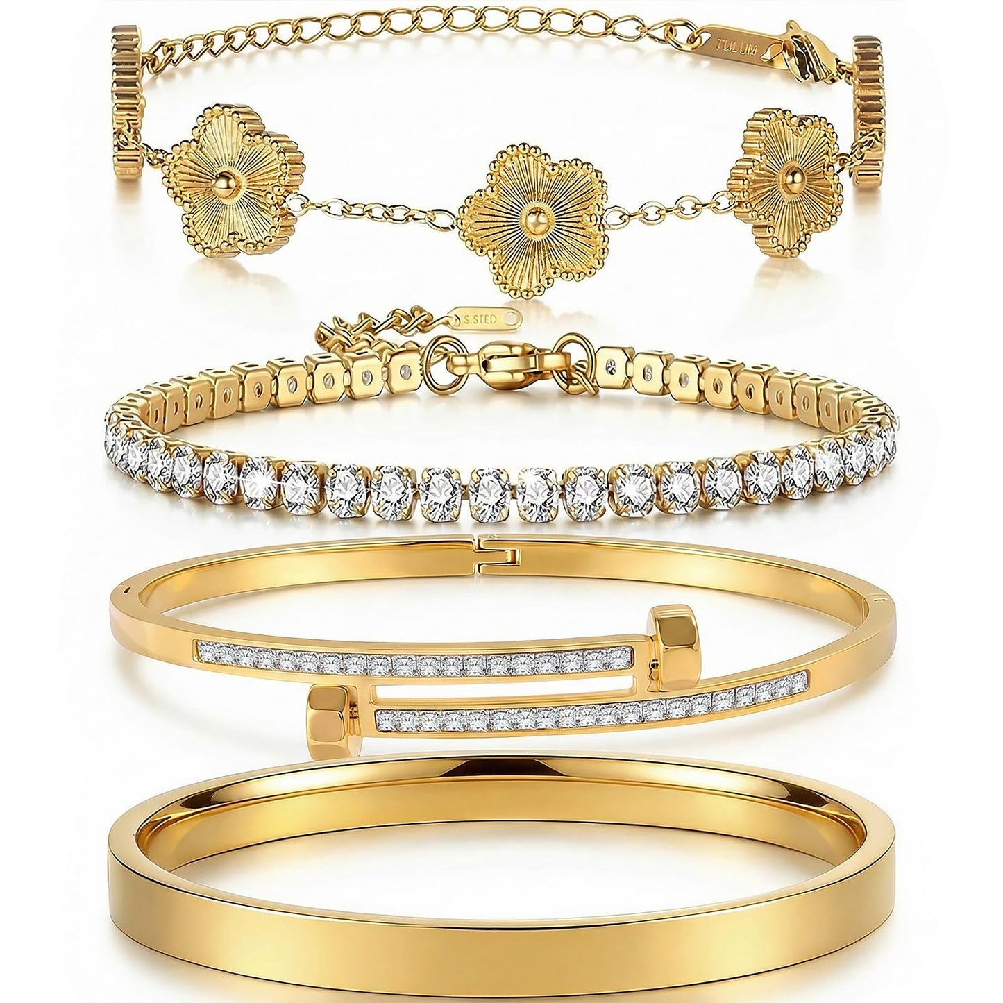 Camhanno Gold Bracelets for Women-4Pcs 18K Gold Plated Love Bangle Tennis Clover Nail Bracelets Stack Set for Women Trendy Non Tarnish Stainless Steel Gold Bangles Accessories Designer Jewelry (Gold Stack Bracelet -2)