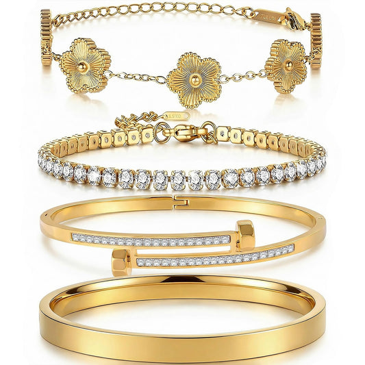 Camhanno Gold Bracelets for Women-4Pcs 18K Gold Plated Love Bangle Tennis Clover Nail Bracelets Stack Set for Women Trendy Non Tarnish Stainless Steel Gold Bangles Accessories Designer Jewelry (Gold Stack Bracelet -2)