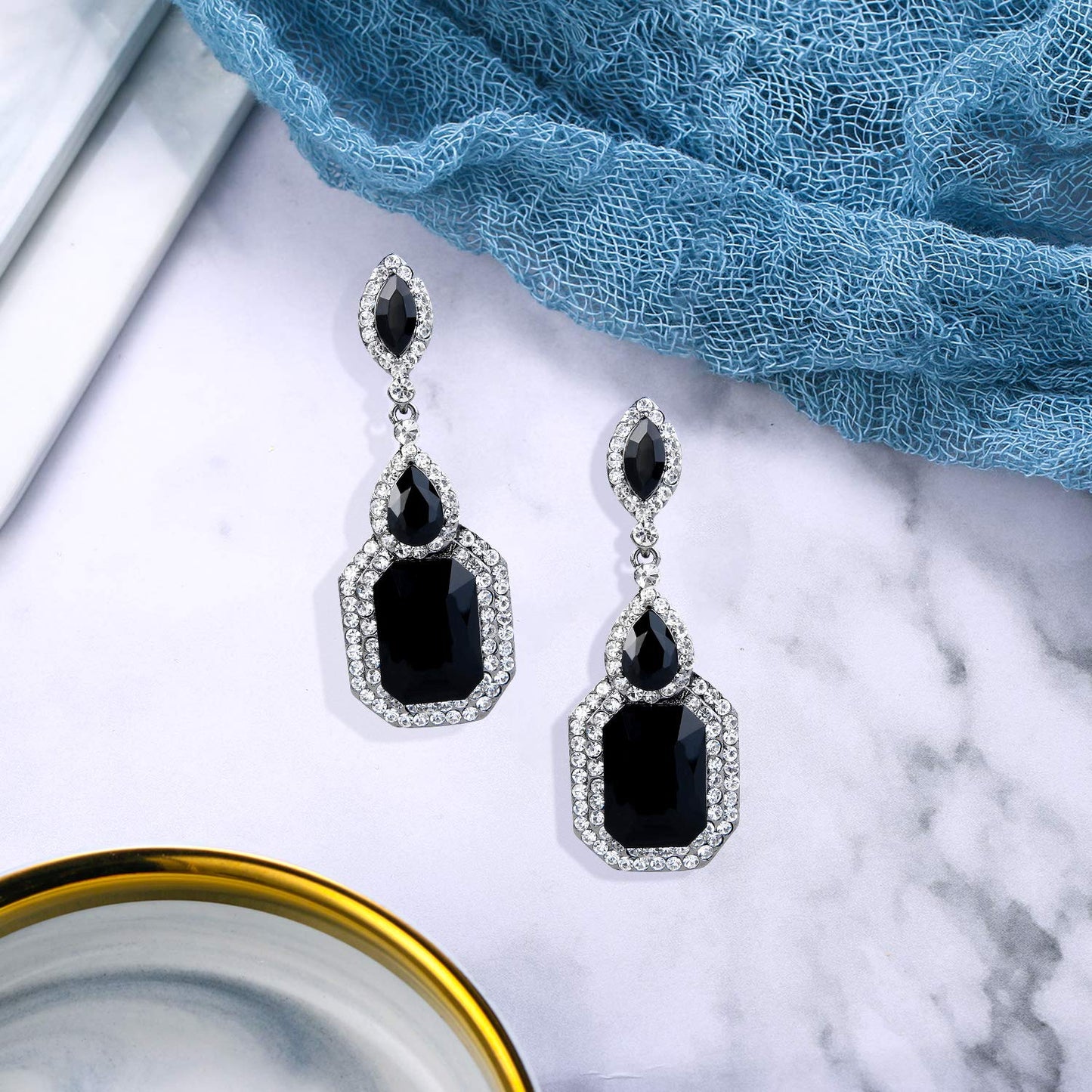 BriLove Wedding Bridal Dangle Earrings for Women Emerald Cut Crystal Infinity Figure 8 Chandelier Jewelry Black/Clear Black-Silver-Tone