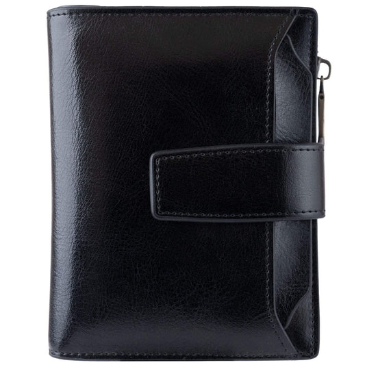 Bveyzi Women's Small Leather RFID Blocking Bifold Zipper Pocket Wallet Ladies Credit Card Slots Purse with id Window(Black)