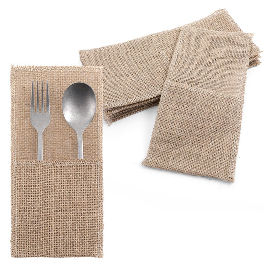 AojSup 50 Pcs Burlap Utensil Holder Pouch Set - 4 x 8.8 Inch Natural Jute Cutlery Pouch for Wedding Party Decor, Reusable Silverware Bags with Deep Pockets for Knives Forks Spoons