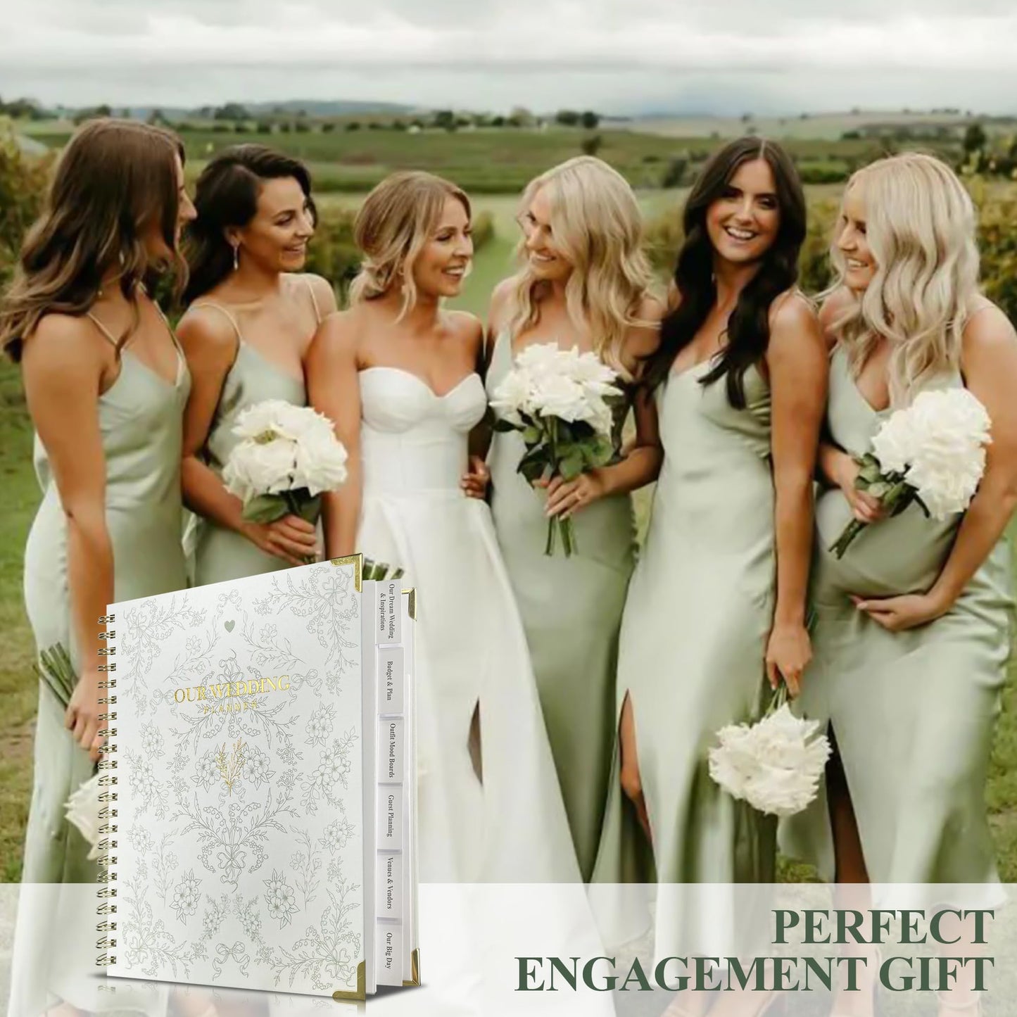 Bride Squad Wedding Planner Book and Organizer | Bridal Wedding Planner Book with Countdown Calendar & Checklists | A Meaningful Engagement Gifts for Couples, Green & White Floral