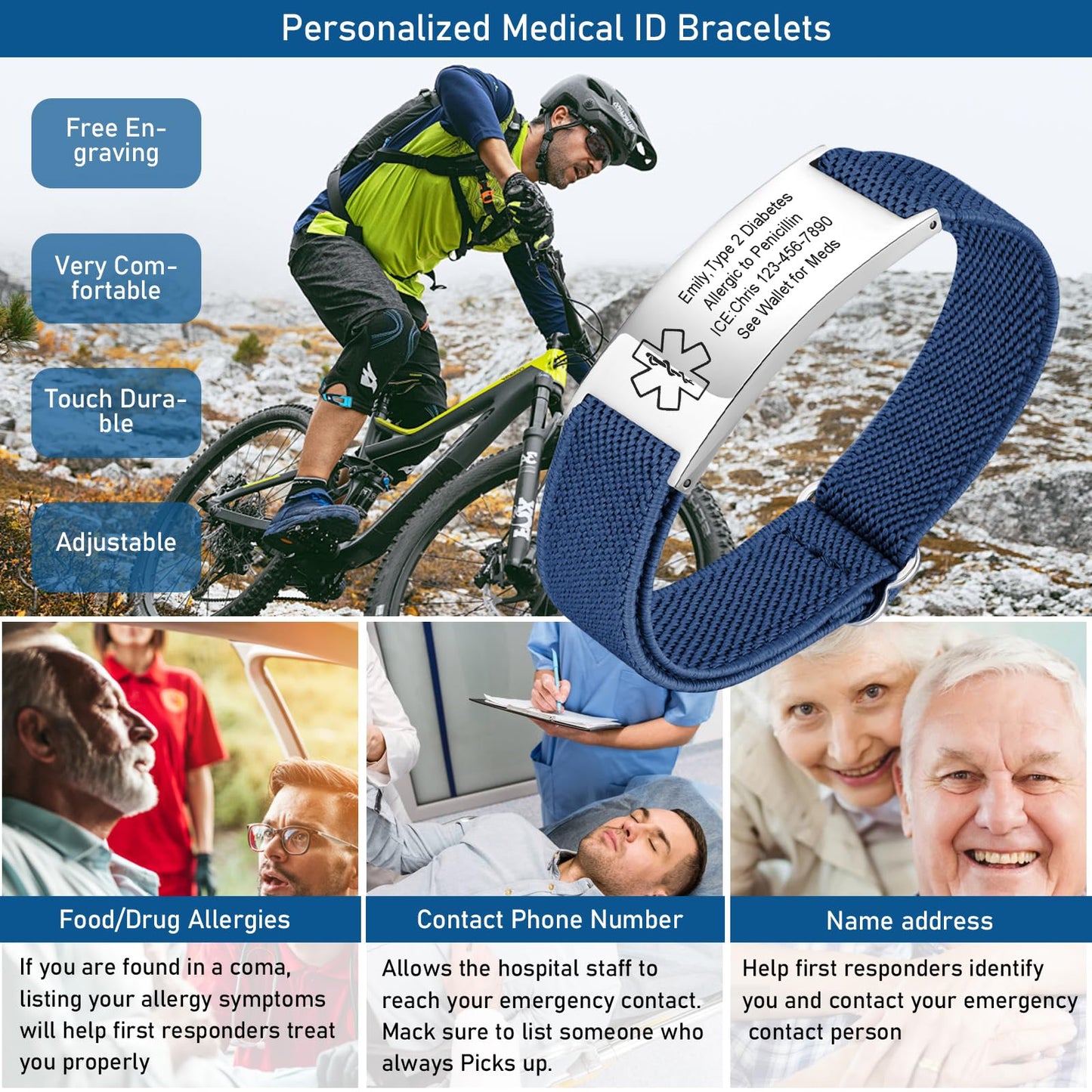 VNOX Medical Alert Bracelets for Men & Women with Free Engraving Adjustable Stainless Steel Mesh Emergency Medical ID Bracelets Wristband