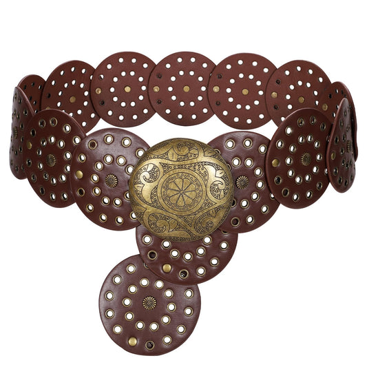 WERFORU Women Vintage Leather Belt Western Disc Waist Belts Ladies Western Belt Boho Belt for Dress Jean (41":Fit Waist Size Below 37",Browm-Bronze Buckle)