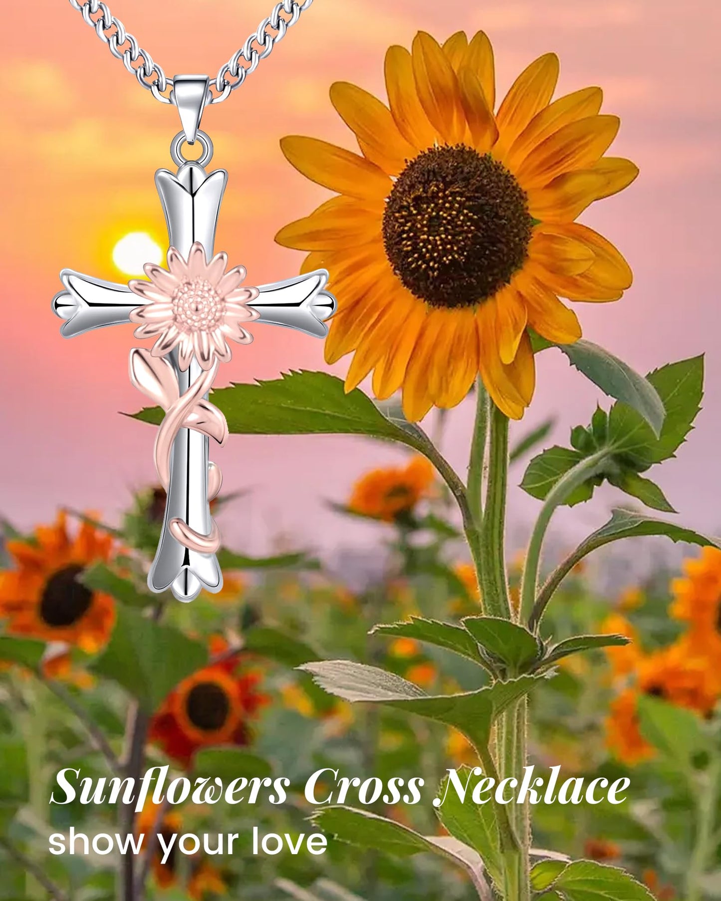 ACECHA Silver Cross Necklace for Women, Dainty Faith Cross Pendant Necklaces with Sunflower Jewelry for Mom Wife Daughter Sister | Gifts for Birthday Anniversary Christmas Easter(Sunflower-Happiness)