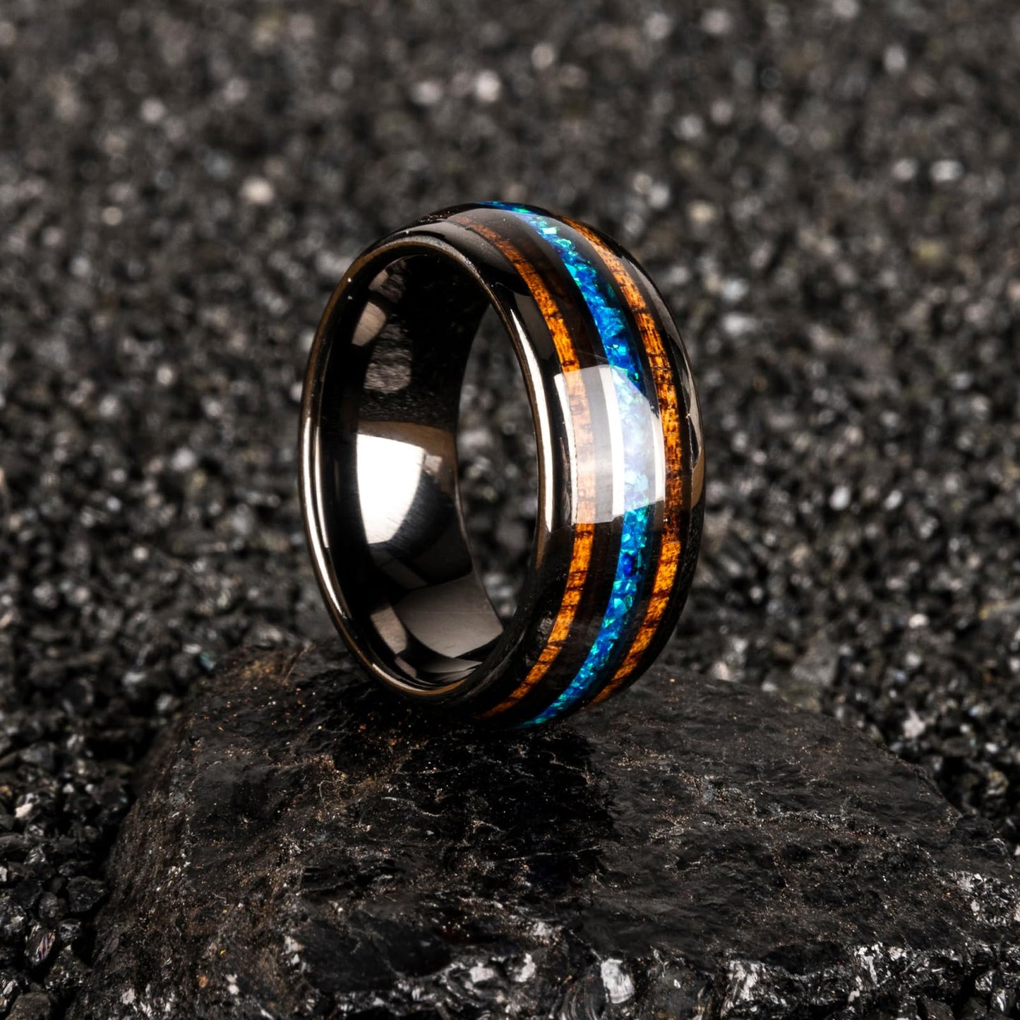 JEWPER 8mm Men Womens Wedding Band Tungsten Rings dark gun black Fashion Promise Carbide Inlaid blue opal koa Matte Finish Edge Comfort Fit Size(10)