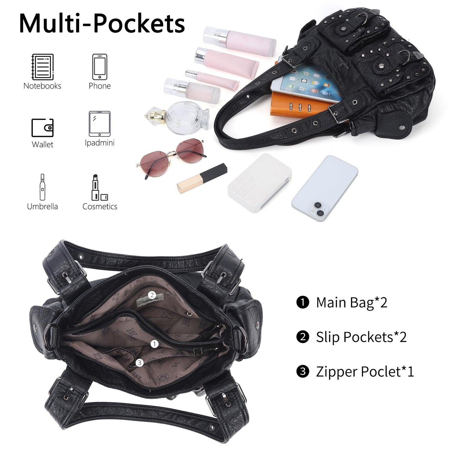 Angel Kiss Hobo Bags For Women Puses and Handbags Multi Pocket Studded Shoulder Bag Y2K Tote Bag