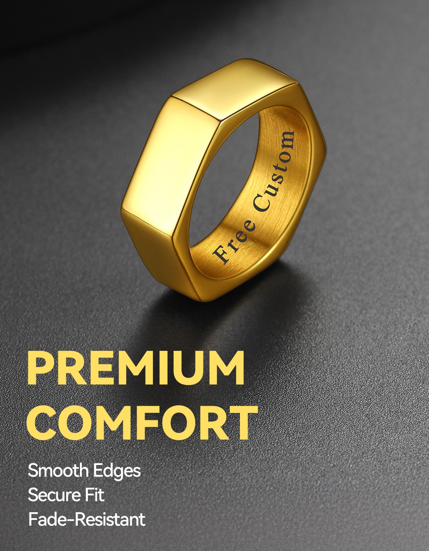 ChainsHouse Personalize Simple Band Rings 18K Gold Plated Geometric Hexagon Biker Ring for Men Women, Size 14