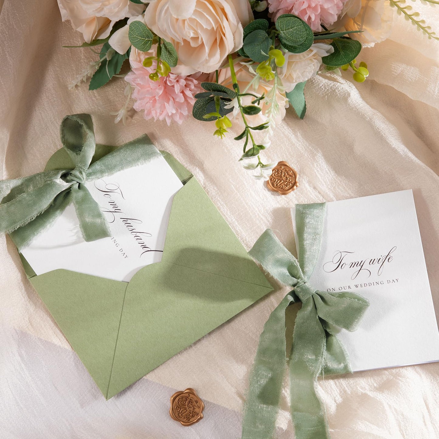 Engrowtic 2 Set Wedding Vow Books to My Husband Wife Vow Books with Silk Ribbon and Envelopes Wax Seals A6 Bride and Groom Guestbook for Bridal Shower Engaged Couple Wedding Essential(Sage Green)