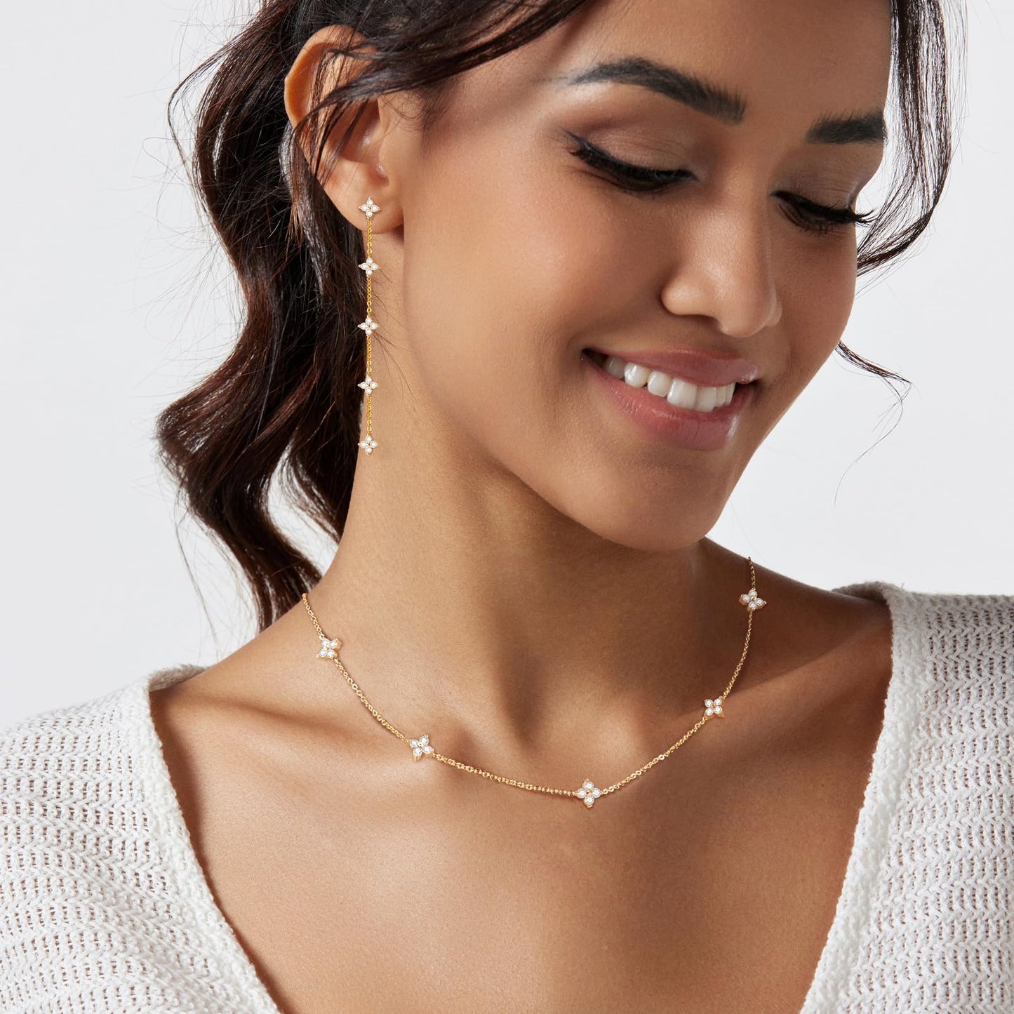 LULII Gold Jewelry Set for Women Dainty 14K Gold Plated Diamond CZ Chain Leaf Necklace and Earring Set with Drop Earrings Bracelets Gold Necklace Wedding Jewelry Gift