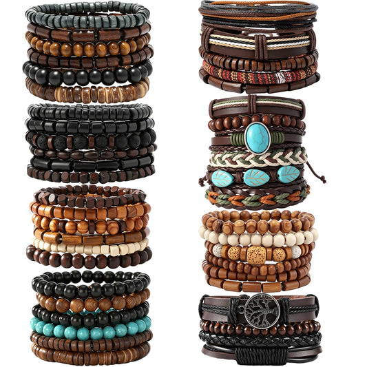 JAVMOO 45 Pcs Wooden Bead Bracelets for Men Women, Boho Multiple Sets Leather Wrap, Hemp Cords, Stack Wood Beads, Ethnic Tribal Cuff Jewelry Wristbands