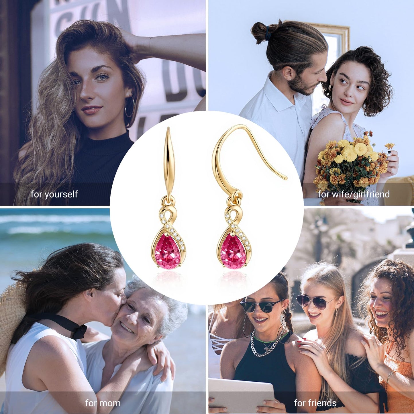 Infinity Birthstone Earrings 18K White Gold Plated 925 Sterling Silver Teardrop Infinity Drop Dangle Earrings Ruby Jewelry Birthday Gifts for Women Her Mother Wife
