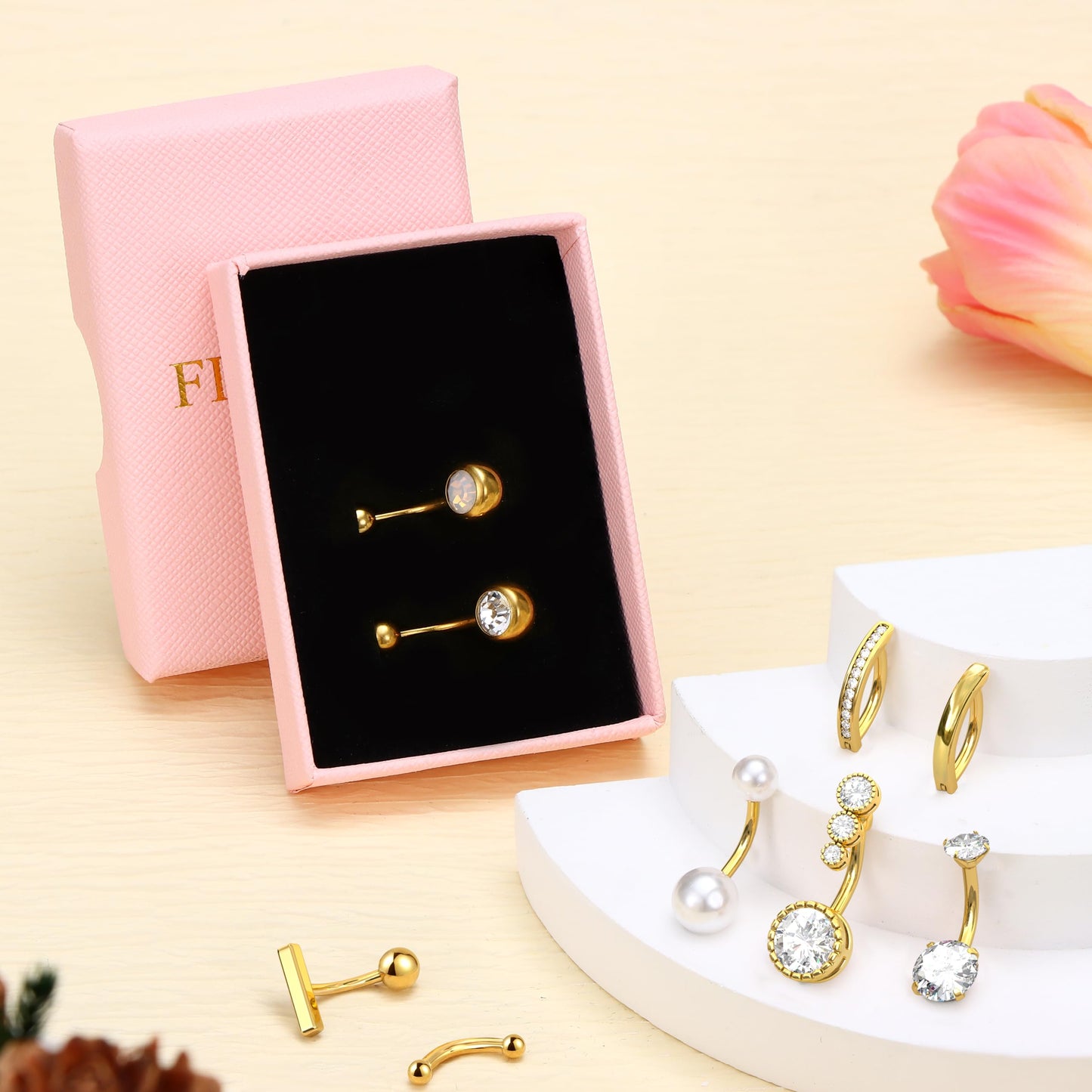 FIASASO 9 Pcs Gold Plated Belly Button Ring Surgical Stainless Steel Belly Rings CZ Opal Pearl Belly Button Ring Clicker Belly Piercings for Women Navel Piercings Pack Gold Plated
