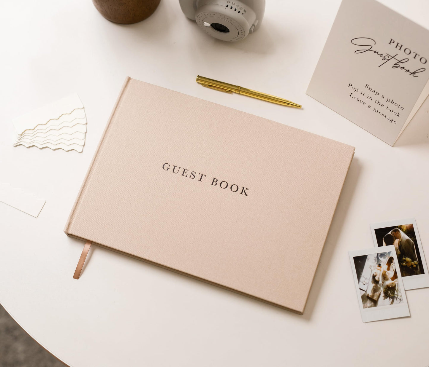 Modern Album Designs Real Linen Guest Book Set - 11.5 x 8.5 Embossed Guestbook for Weddings, Showers, Events, Blank & Lined, Comes with Sign, Pen, Box and Photo Sleeves, 120 Pages (Oatmeal)