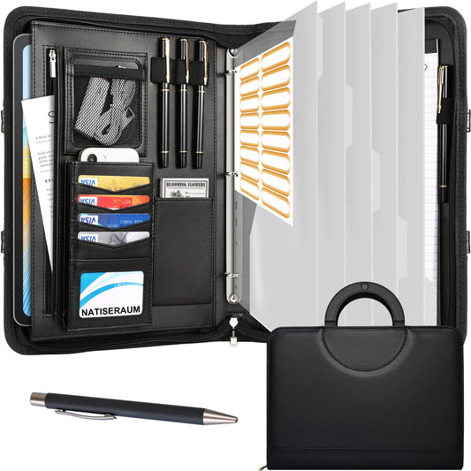 NATISERAUM Portfolio Binder 3 Ring Includes Pen and 5 Dividers with 10 Pockets, Padfolio Organizer with Zipper for Men and Women, Includes A4 Notepad for Business, School, Work