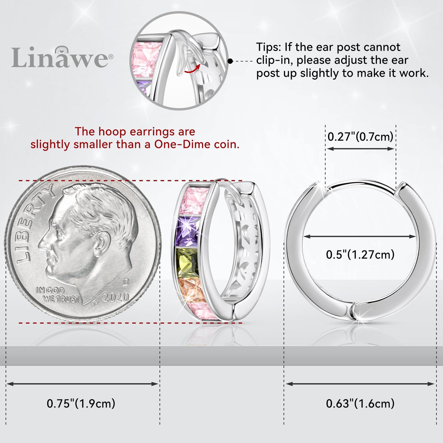 Linawe Silver Hoop Stud Earrings for Women - Trendy Rainbow Cubic Zirconia Flat Back Earrings, Small Cute Tragus & Helix Huggie Nap Cartilage Piercing Jewelry