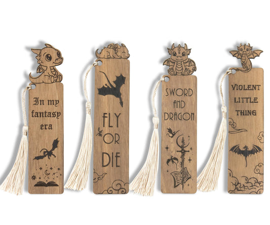 Dragon Bookmarks – Set of 4 Wooden Fantasy Bookmarks with Tassels, Made from Walnut Wood, Inspired by Mythical Dragons and Epic Adventures, Perfect for Book Lovers (Cute Dragon)