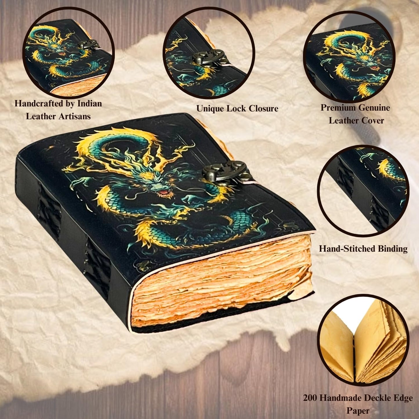 The Arcane Dragon – Handmade Antique Deckle Edge Paper Leather Journal with Embossed Dragon Cover & Lock Closure – Vintage Writing Diary, Fantasy Spell Book, Sketchbook, Gift for Writers & Artists