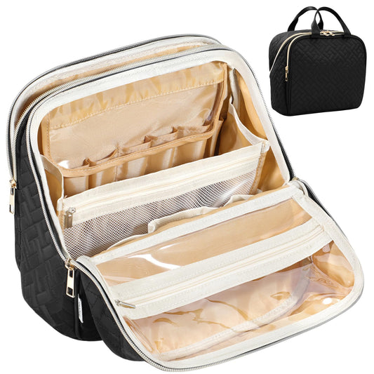 JOYYTUU Makeup Bag, Large Capacity with Room for Brushes and Mirror, Travel Makeup Organizer, Portable Standing Make Up Case, Waterproof Cosmetic Toiletry Bags with Handle, Color Black