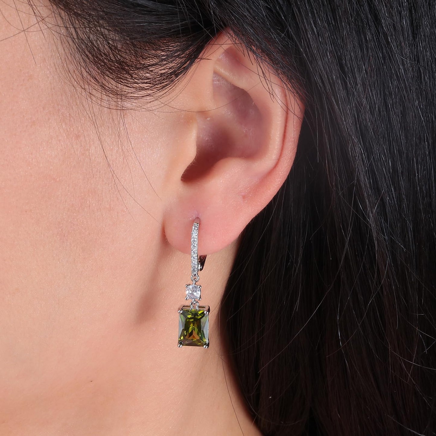 CiNily Leverback Earrings for Women Rectangular-cut Drop Dangle Earring Hypoallergenic, 14K White Gold Plated Olive Green Cubic Zircon Earrings Diamond Dangle Ear Rings Jewelry Birthday
