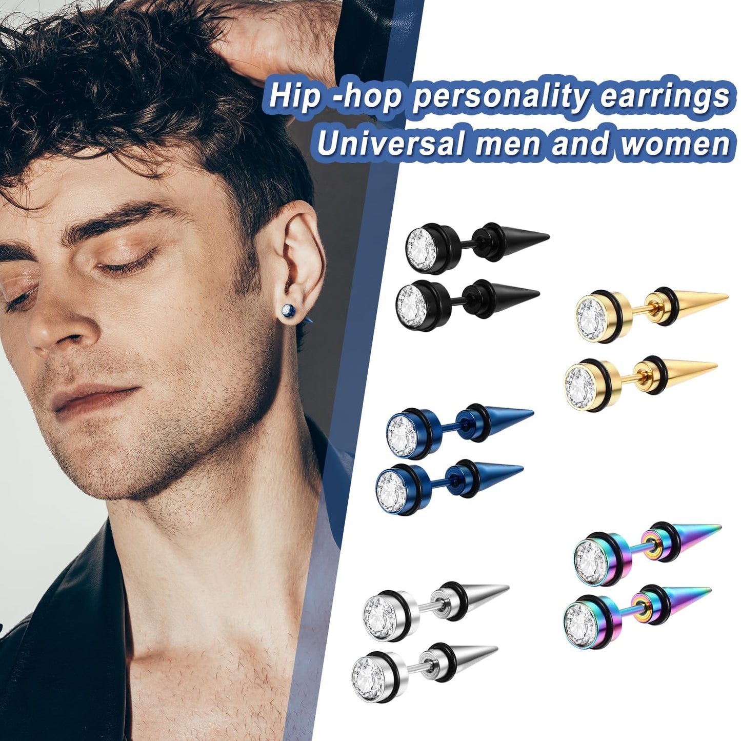 Aroncent 5PCS Spiked Stud Earrings for Men, Fake Gauge Fake Earrings Stainless Steel Spike Faux Taper Stud Earrings for Men Women Fashion Jewelry Piercing