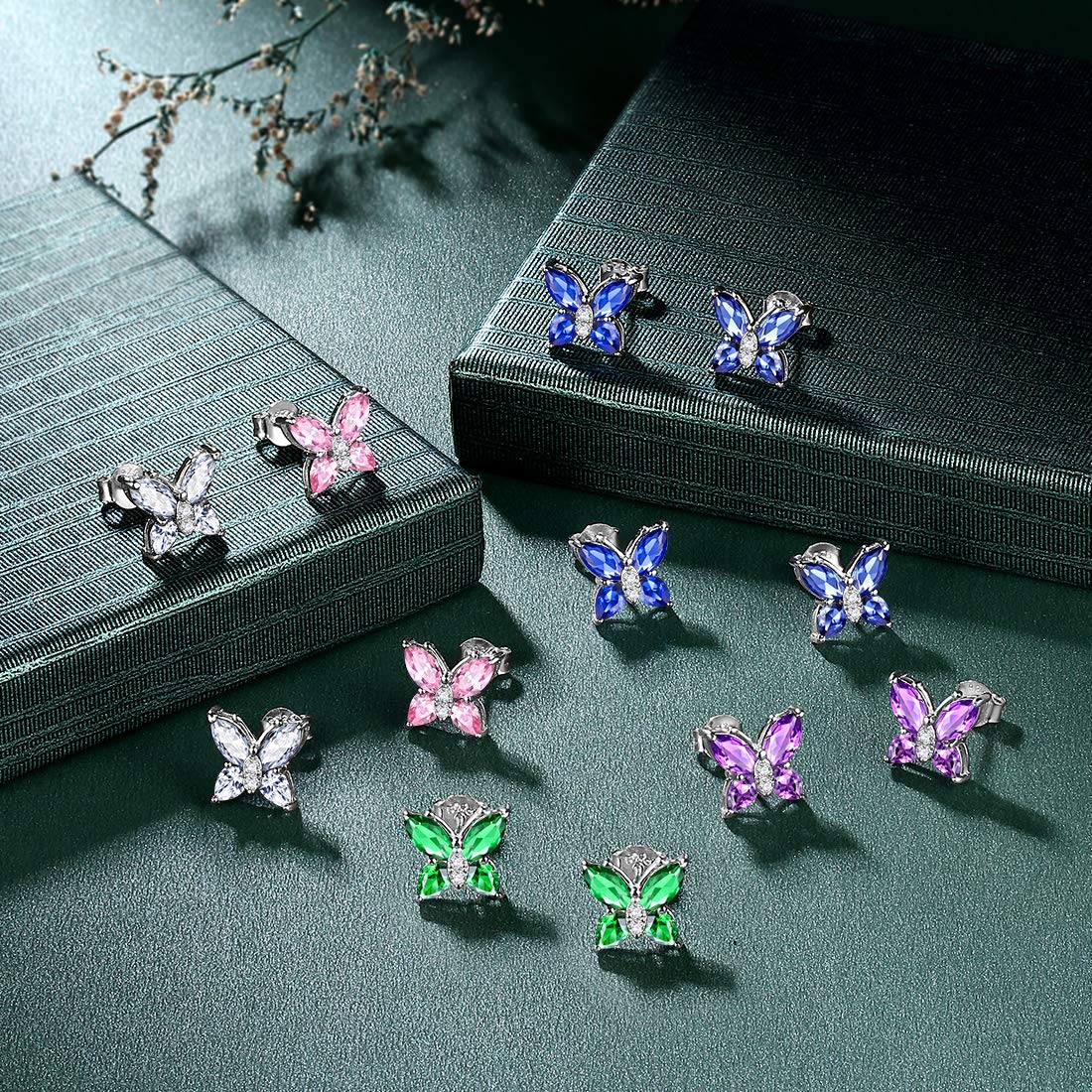 Hipunk Butterfly Green Jewelry Sets Birthstone Women 925 Sterling Silver May-Emerald Birth Stone Animal Butterflies Jewelry Sets/Earring Set Crystal Birthday Jewelry SS0001G