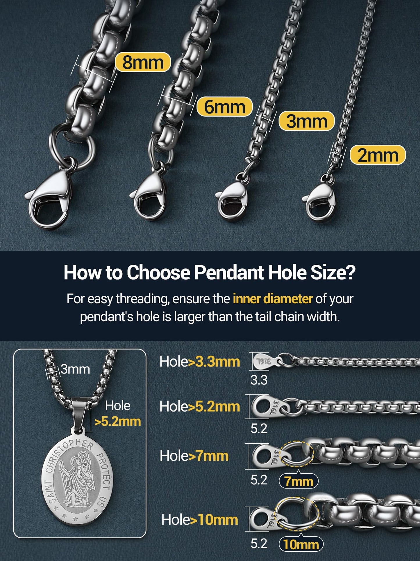 PROSTEEL Mens Chain Necklace, Squre Rolo Link Chains Stainless Steel Necklace 2mm Waterproof & Strong Lobster Clasp Men and Women Jewelry with Gift Box 20in