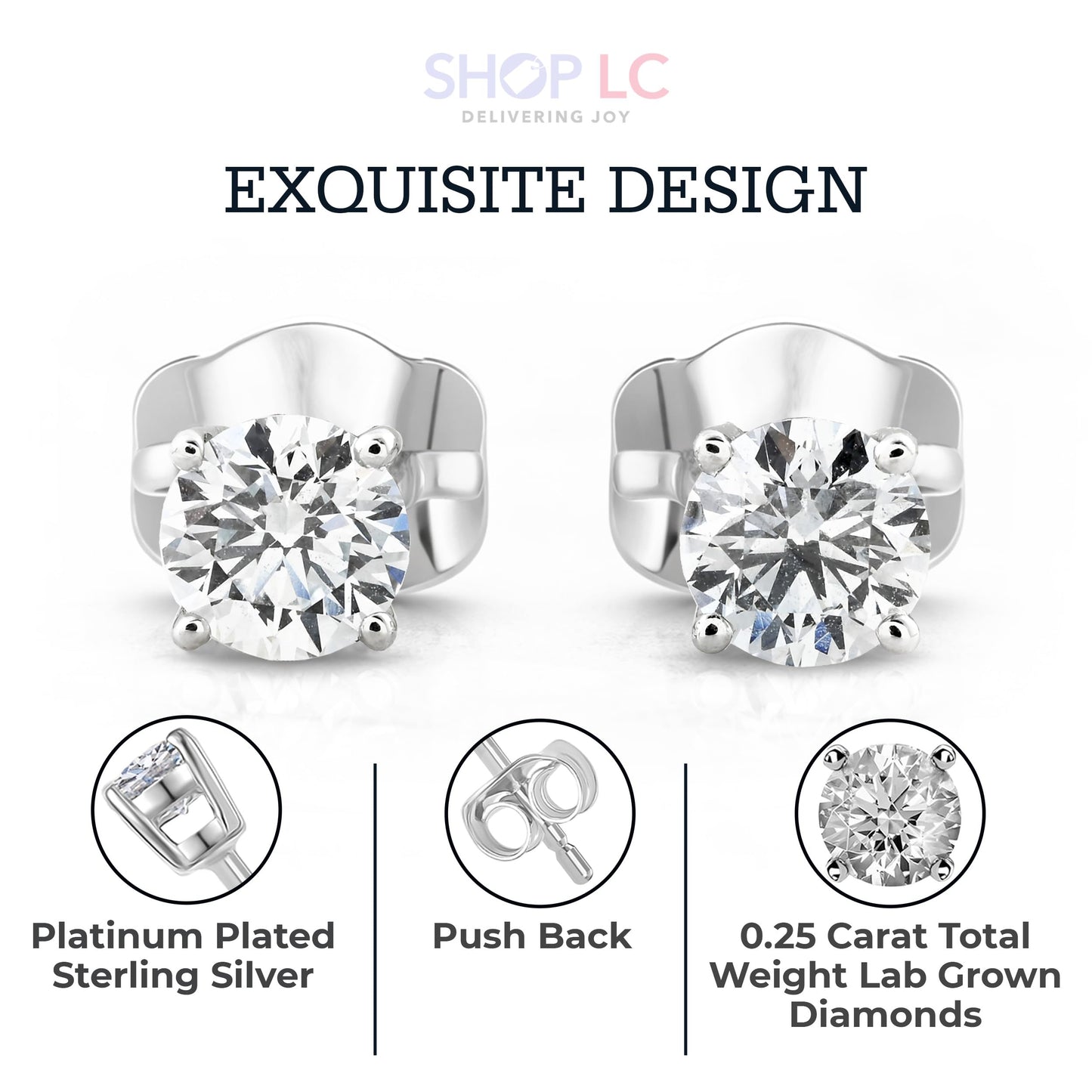 Shop LC Lab Grown Diamond Stud Earrings for Women | 0.25 | G-H Color SI Clarity | 925 Sterling Silver Platinum Plated | Round | 4-Prong Basket | Push Back | Fine Jewelry