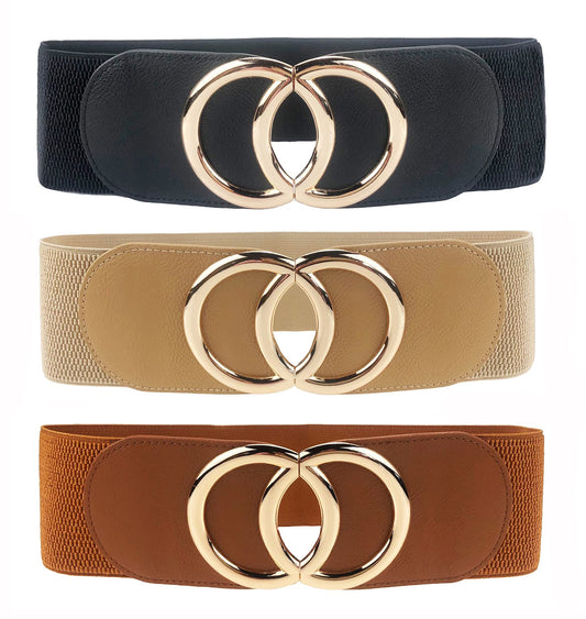 Swtddy Women's Elastic Wide Stretchy Waist Cinch Belt Waistband For Dresses (Suit For Waist Size 36"-45", Golden O Design Black+Khaki+Camel)