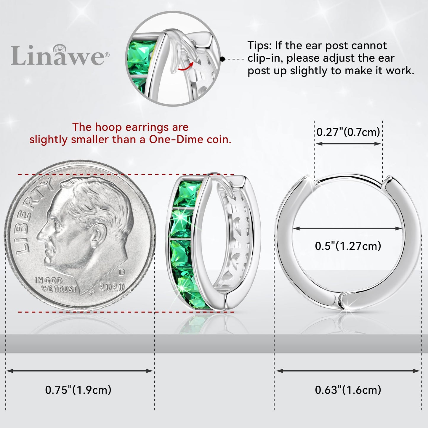 Linawe Silver Small Hoop Earrings for Women - Trendy Emerald Green Huggie Earrings with Cubic Zirconia, Cartilage Mini Hoop, Cute Flat Back