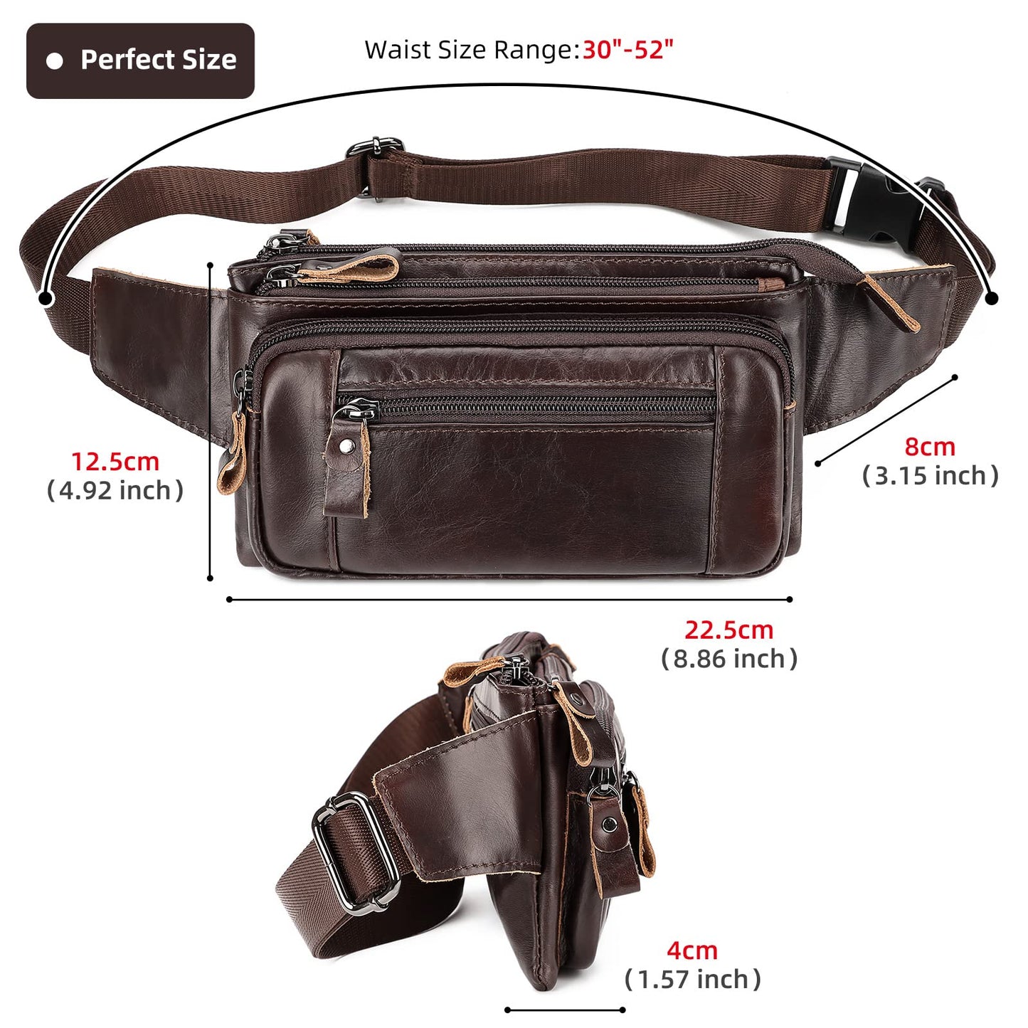 HUMERPAUL Leather Fanny Pack for Men Women, Fashion Waist Packs Small Crossbody Chest Bag with Adjustable Belt for Outdoor Travel Hiking Cycling