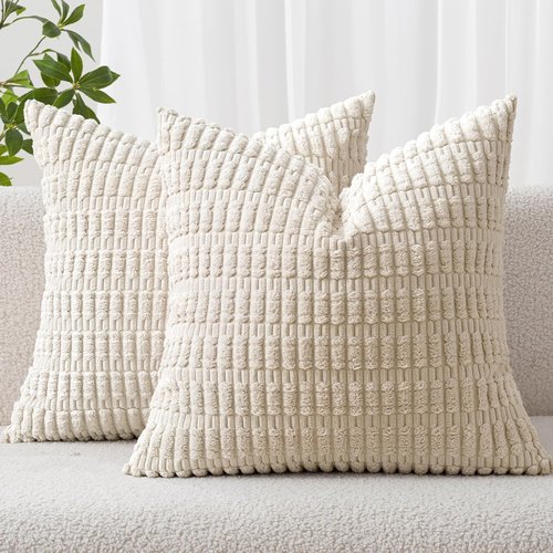 MIULEE Corduroy Throw Pillow Covers - Soft Boho Striped Design, 12x12 Inch, Cream White | Modern Farmhouse Decor
